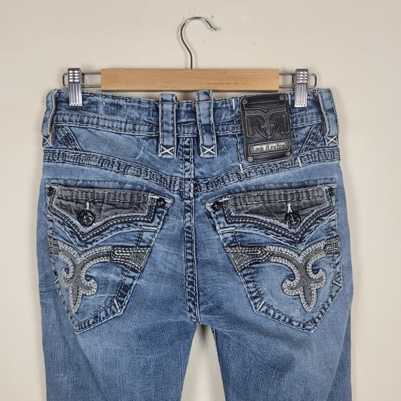 Rock Revival Jayin Jeans Womens 29 Blue Fleur-de-Lis Flap Pockets Slim Straight - Picture 5 of 13